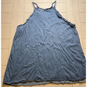 Staccato Denim Blue Chambray Lightweight Halter Tunic Top Ruffle Trim Sz L Boho